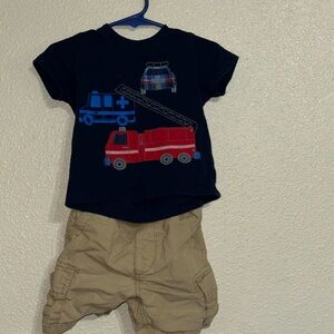 Kids Navy Fire Truck T-Shirt and Tan Shorts Set